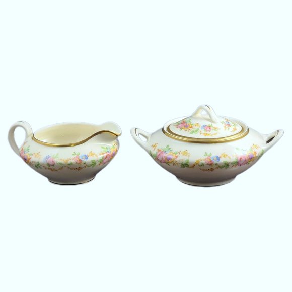 Vintage Canonsburg Pottery Co Cream and Sugar Bowl Lidded Set Creamer Gold Trim - Picture 1 of 4